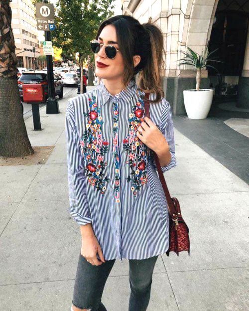floral details on striped shirt