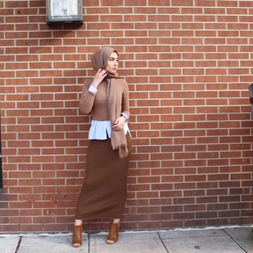 tan long pencil skirt with hijab