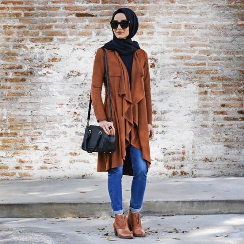 tan waterfall long cardigan hijab