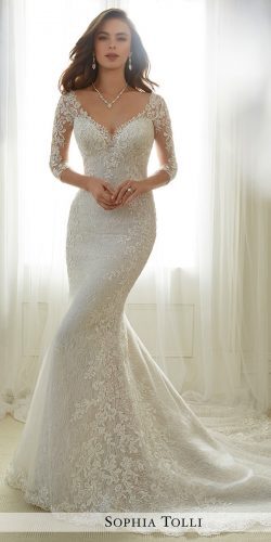 sequin lace tulle trumpet wedding gown features illusion and lace three quarter length sleeves plunging v neckline sophia tolli
