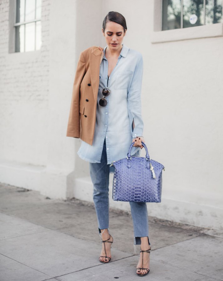 3 jeans with chambray shirt and camel blazer