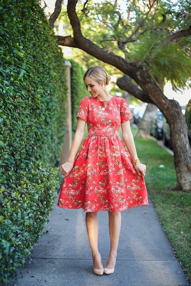 kneelength red floral dress