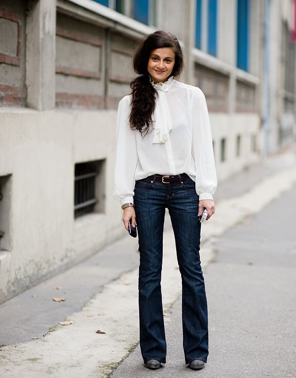 5 denim jeans with chiffon pussy bow blouse