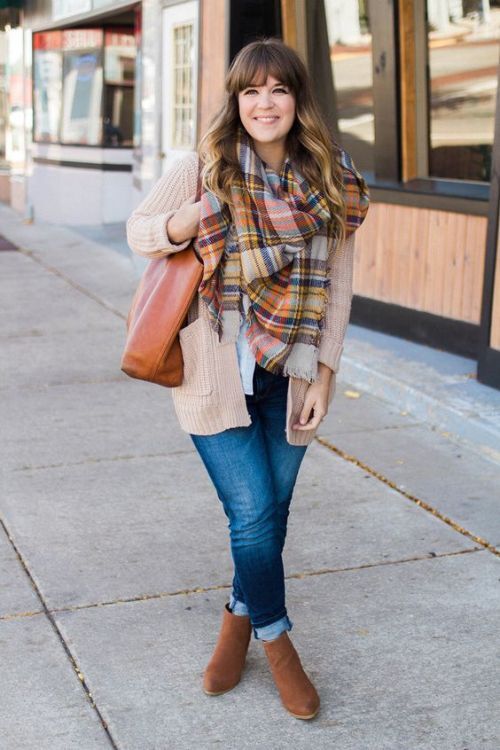 beige cardigan with plaid scarf