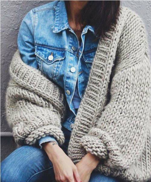 knit cardigan with denim jacket