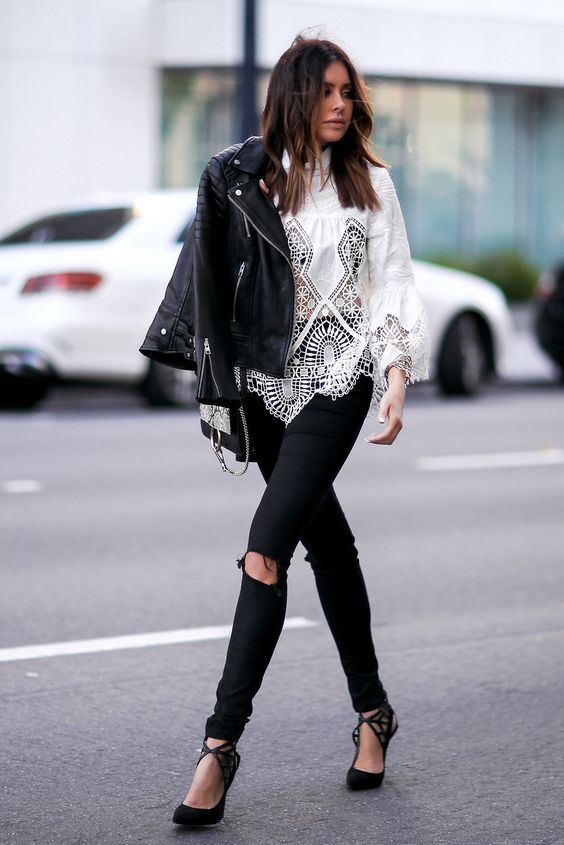 leather jacket and lace top