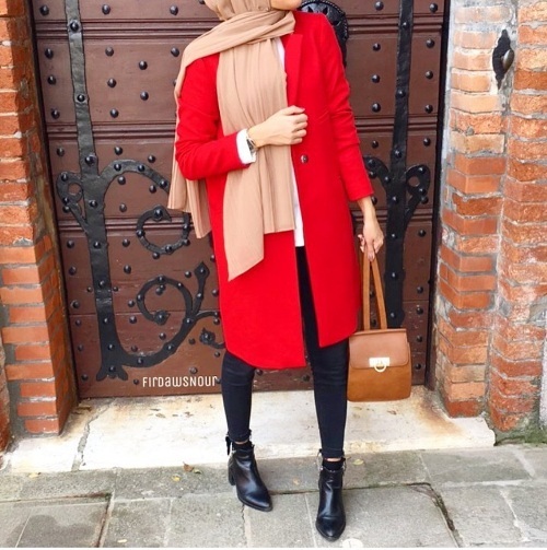 red coat with ankle boots