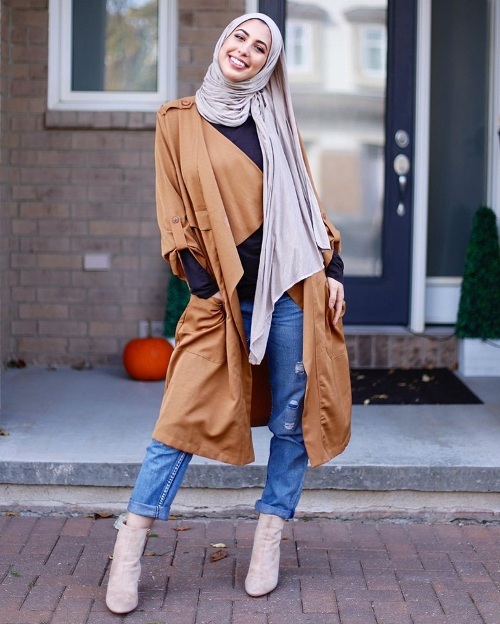 waterfall camel cardigan hijab look