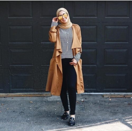 waterfall camel cardigan with striped tee