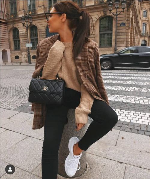 checked blazer with leggings